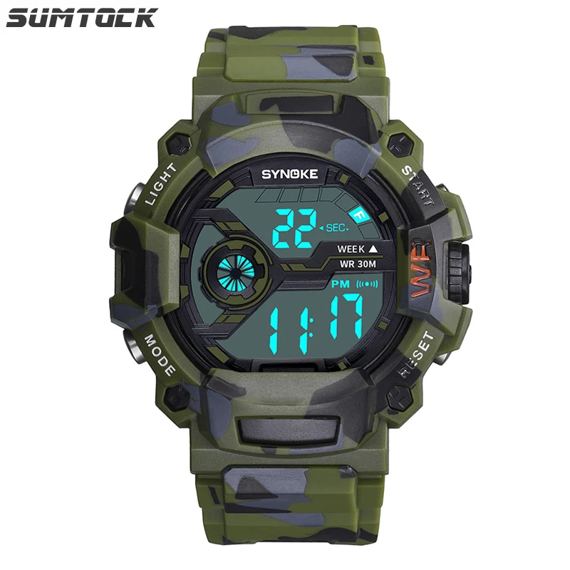 Camouflage green SYNOKE G военные часы, водонепроницаемые, ударные, студенческие часы, светящийся дисплей недели, будильник, месяц, дисплей, Calendar Relojes digitales - Цвет: Camouflage green