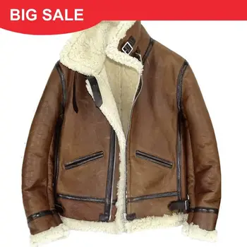 

2020 Brown Men Retro Military Style B3 Bomber Shearling Coat Plus Size XXXL Genuine Sheepskin Winter Thick Warm Aviator Coat