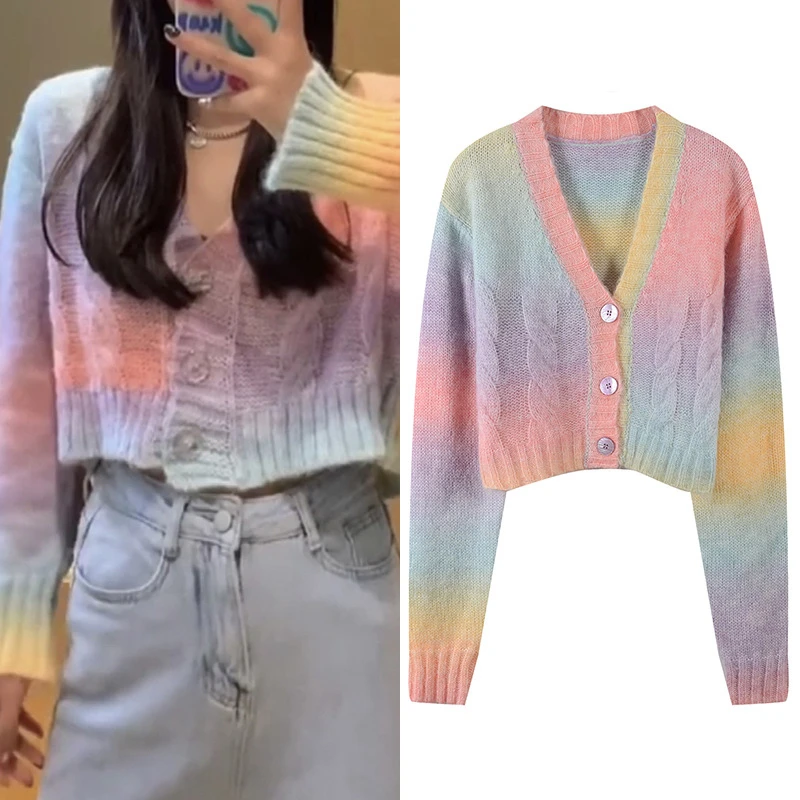 Rainbow Gradient Sweater Coat Mohair Short Cardigan Korean Soft Pastel Color Lazy Oaf V Neck Breasted Cardigan|Cardigans| - AliExpress