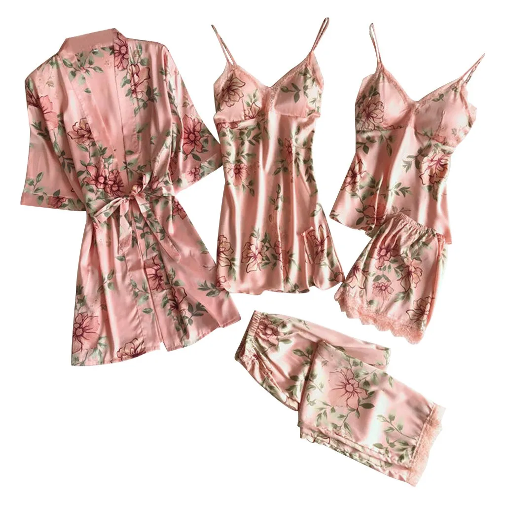 5 шт., пижамы, женская одежда для сна, пижамы, женский сексуальный кружевной Атласный халат, банный халат, брюки, шорты, набор, пижама - Цвет: Pink