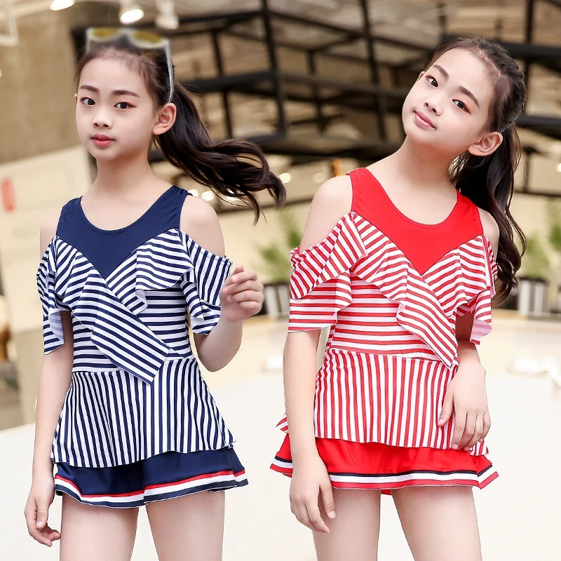 

Kids Grils Swimsuits Children Swimwear Stripe One-Piece Skirted Swimsuit Girl Bikini Summer Beach Wear Swimsuit Bathing Suit