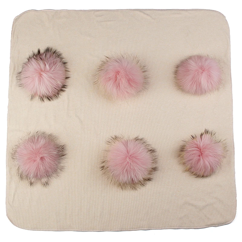 beige pink Geebro/теплые хлопковые пеленки, одеяло с 6 натуральным мехом енота, помпоном для новорожденных, детское одеяло для путешествий, постельные пеленки - Цвет: beige pink