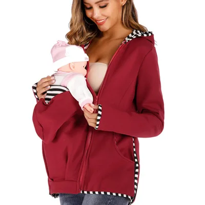 Женские футболки для кормящих беременных для грудного вскармливания, Одежда для беременных, свитшоты на молнии с капюшоном, топы для беременных - Цвет: Красный
