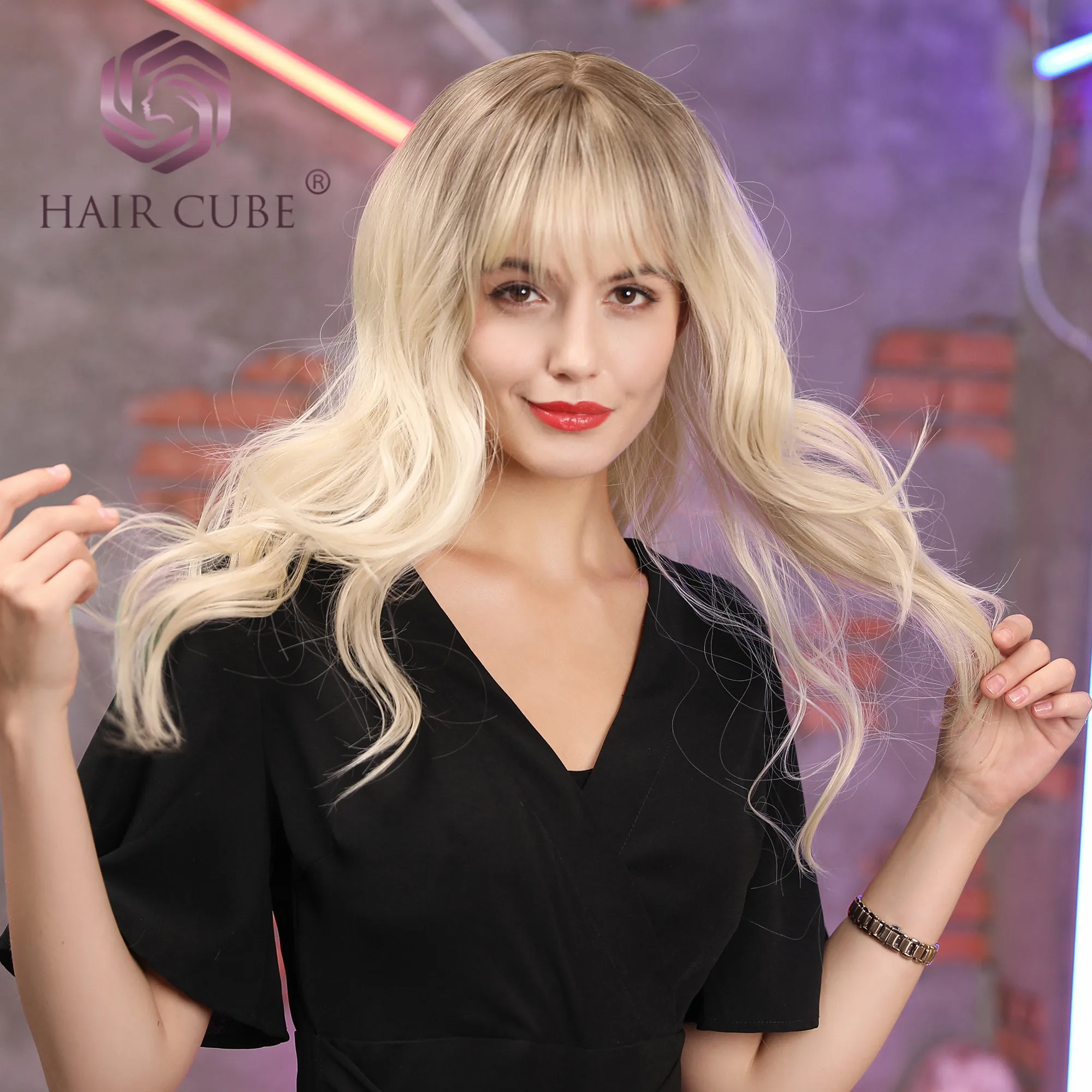 Haircube 18 дюймов длинный синтетический парик с челкой темный корень светильник цвет