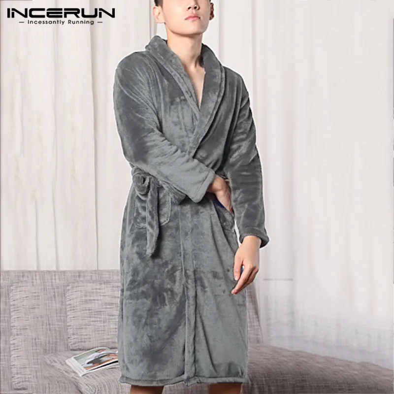 INCERUN Fashion Men Robes Flannel Kimono Solid Long Sleeve Casual Plush Sleepwear Warm Couple Homewear Winter Men Bathrobes