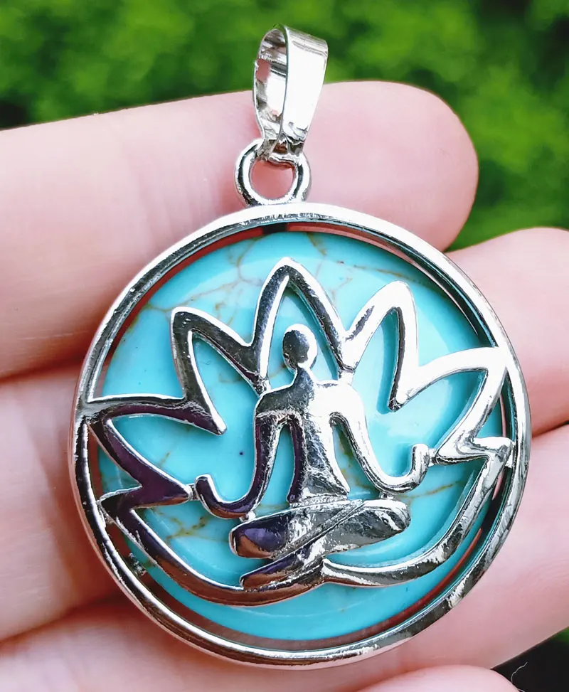 

Cyan Turquoise stone Yoga Lotus Buddha Pendant bead Energy Reiki Healing Amulet