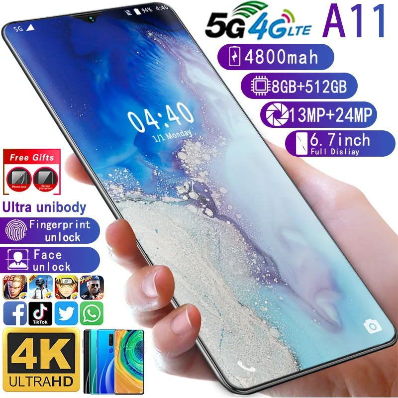 Mobile phone A11 Unlocked cell phones MTK6799 Cell phones Deca core 6.7inch cellphone 1440*3040 Smartphone 8GB+512GB 13MP+24MP