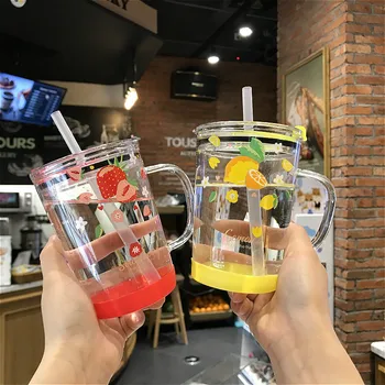 

450ml Strawberry Glass Straw Water Bottle With Scale Kawaii Transparent Milk Juice Coffee Tea Cup Drinking Mug For Children Gift