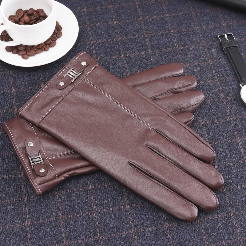 A105Brown Новые кожаные перчатки для мужчин зимние плюс бархат утолщение вождения Велоспорт противоскользящие ветрозащитный сенсорный экран теплые перчатки M182 - Цвет: A105Brown