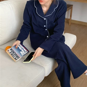 

autumn winter thicken warm pajamas set couple home suit sleepwear 2 piece set white blue pants pijamas home set lounge wear Y230