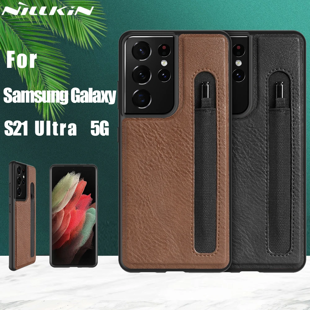 Leather Case For Samsung Galaxy S21 Ultra 5GNILLKIN Stylus S-Pen Socket Pen Slot Aoge PU Leather Case Card Slot Back Cover Case