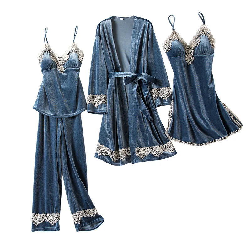 blue gray Золотые бархатные пижамы для женщин, 4 шт., зимний костюм, домашняя одежда для женщин, сексуальный кружевной халат, пижамы, наборы, одежда для сна без рукавов - Цвет: blue gray