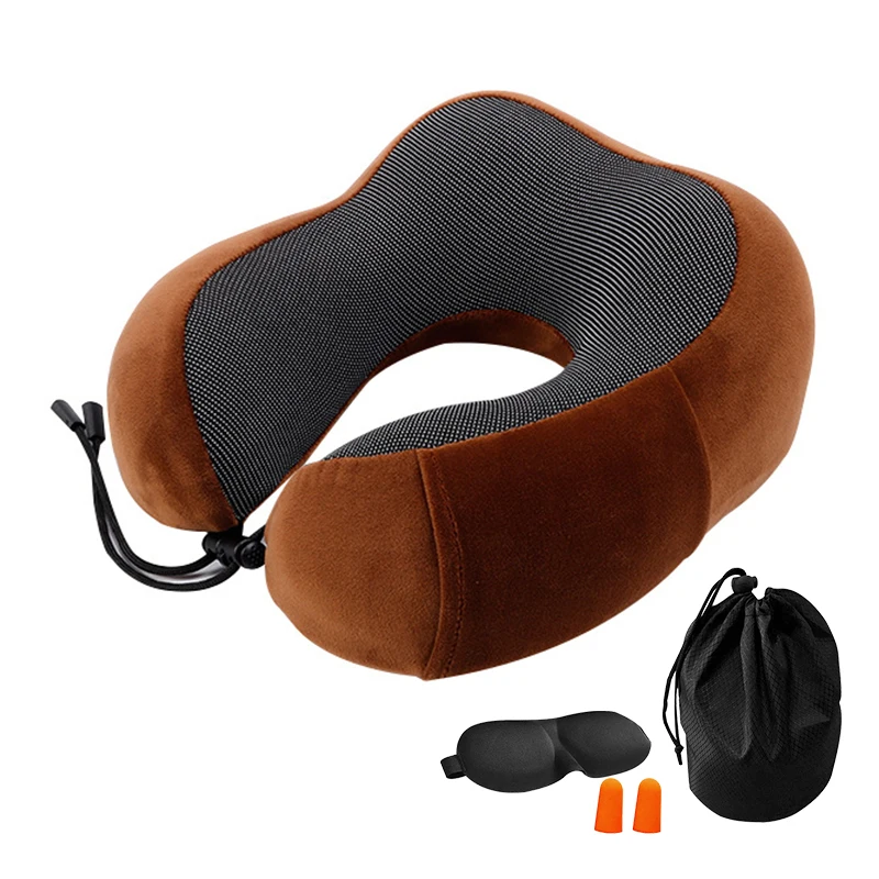 Подушка u-образной формы для путешествий с эффектом памяти, массажные подушки для шеи, постельные принадлежности, комплект для путешествий с 3D масками для глаз, беруши, роскошная сумка - Цвет: Coffee1