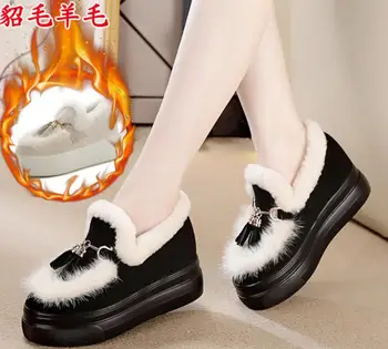 

Winter Genuine leather women's shoes new Luxurious fur wool warm cotton shoes women casual platform High heels Winter boots muje