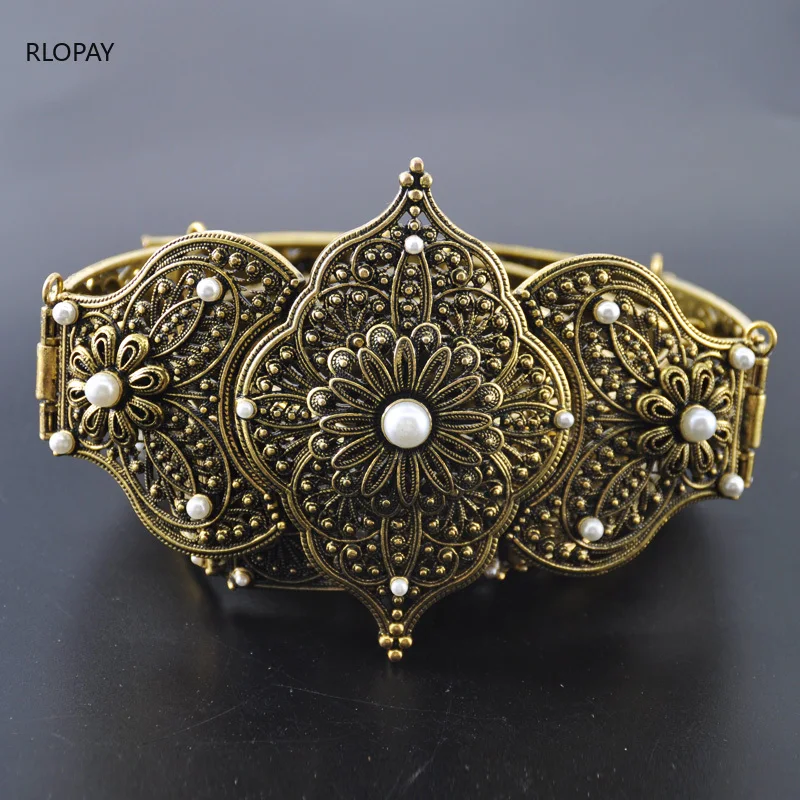 

Traditional Russian Wedding Jewelry Chains Retro Pearl Belts for Women Arab Body Jewelry Metal Gold Belts
