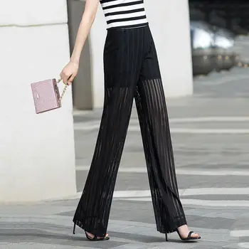 

2020 Summer Women See Through Black Wide Leg High Waist Trousers Beach Long Loose Mesh Sheer Sexy Office Pants Plus Size FY80