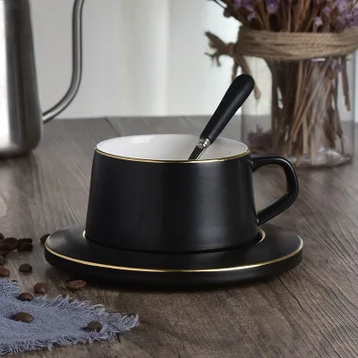 C style black Роскошная керамическая кофейная кружка с ложкой чайная молочная чашка офисная, фарфоровая кружка для завтрака наборы чашек рождественские подарки чашки для чайной поилки - Цвет: C style black
