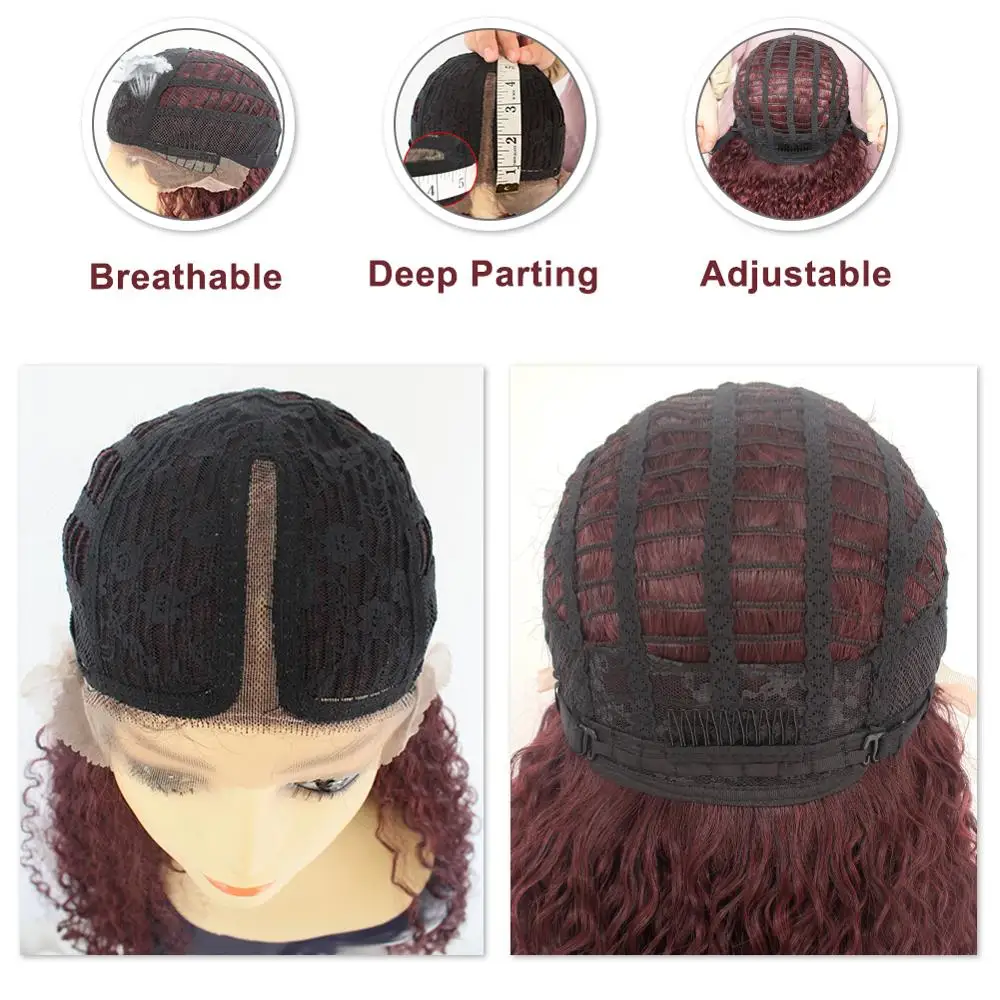 ANOGOL Natural Long Wine Burgundy Kinky Curly Synthetic Lace Front Wig with Baby Hair Heat Resistant Wigs Middle Part for Women