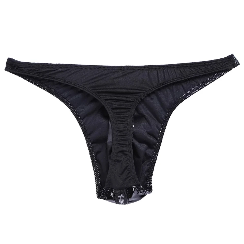 Mens Sexy Zipper Open Crotch PVC Leather Shorts For Sex Latex Fetish Shaping Underpants Porn Bulge Pouch Sexy Bottom Underwear