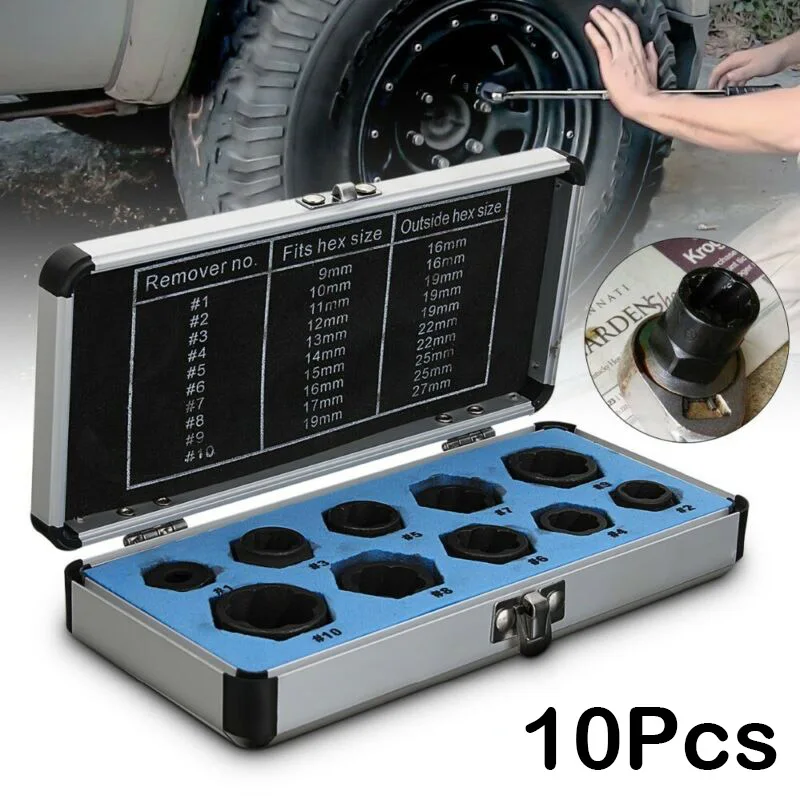 

10pcs/set Steel Alloy Damaged Nut Bolt Remover Stud Extractor 9mm-19mm Broken Bolt Removal Kit Black Nut Extractor Universal