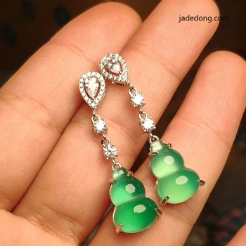 

LETSFUN Handmade Women 925 Silver Green Jade Chalcedony Gemstone Gourd Earrings Statement Earrings Jade Gift Drop Earrings