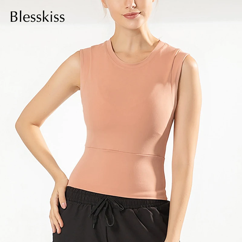 Blesskiss Reflective Crop Top Sport Shirt Women Summer Fitness T-shirt Sleeveless Ladies Workout Gym Top Tshirt Pink Blue