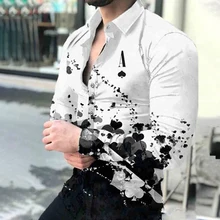 Chemise à manches longues pour homme, vêtement Vintage, imprimé de cartes de Poker, col rabattu boutonné, 2021