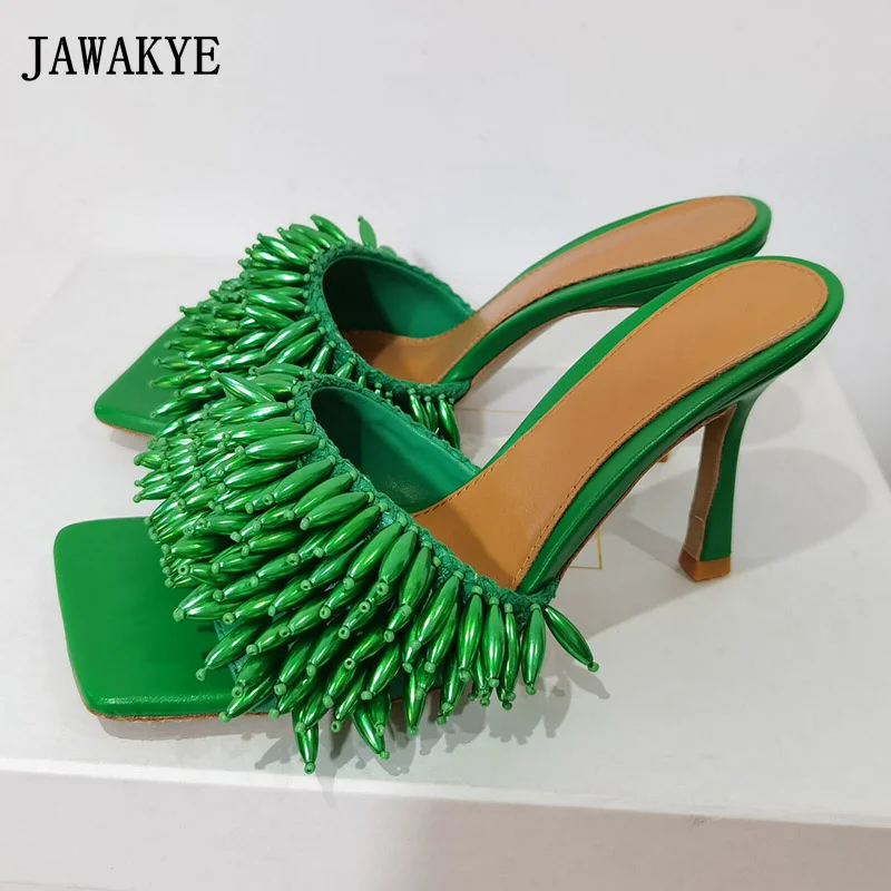 

New Green String Bead High Heel Mules 2021 Runway Square Toe Stretch Summer Slides Real Leather One Strap Party Holiday Slippers