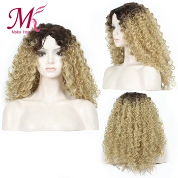 

Moko 16inches Afro Kinky Curly Wig With Bangs Synthetic Wigs for Black Women Nature Heat Resistant Ombre 1b Blonde Wig