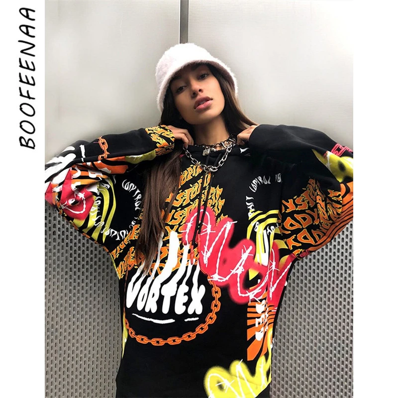 ARTFFEL Womens Fashion Graffiti Drawstring Pockets Hip Hop Print Halloween Pullover Hooded Sweatshirt 