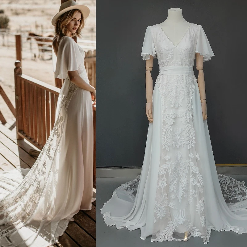 reception dress for bride 10926#Real Photos Flare Sleeve Lace Bohemian Beach V-Neck Open Back Illusion Wedding Dress Wedding Bridal Gown свадебный наряд long sleeve bridal gowns