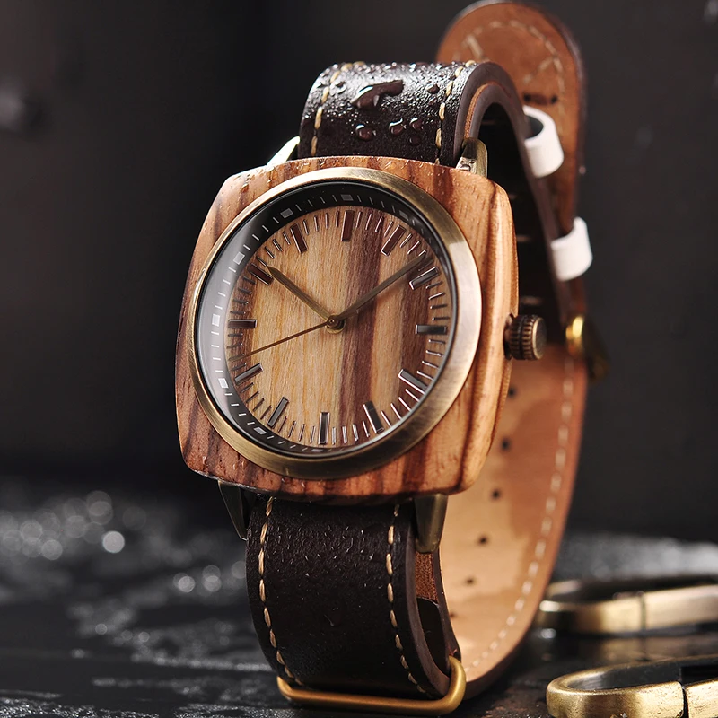 Часы мужские BOBO BIRD деревянные наручные часы с узором зебры Циферблат простой дизайн водонепроницаемый Рождественский подарок в деревянной коробке для него - Цвет: leather strap