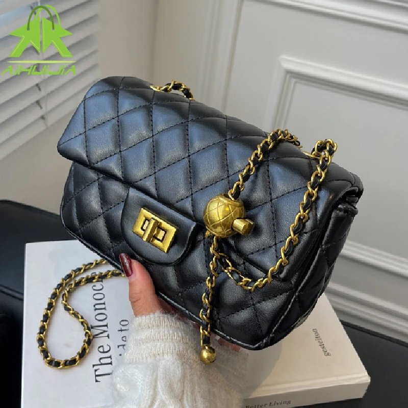 Bolso bandolera con cadena a cuadros para mujer, bandolera de lujo con cierre, de piel sintética, solapa cuadrada|Bolsos de hombro| - AliExpress
