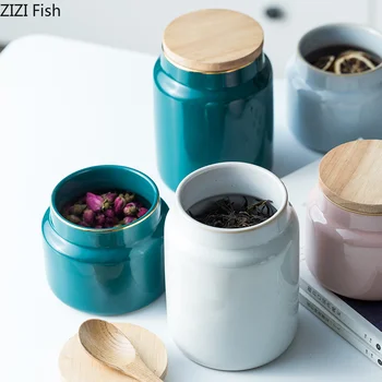 

Luxurious Ceramics Storage Box Solid Color Sealed Cans Food Container Tea Caddy with Cover Household Kitchen Storage Tank