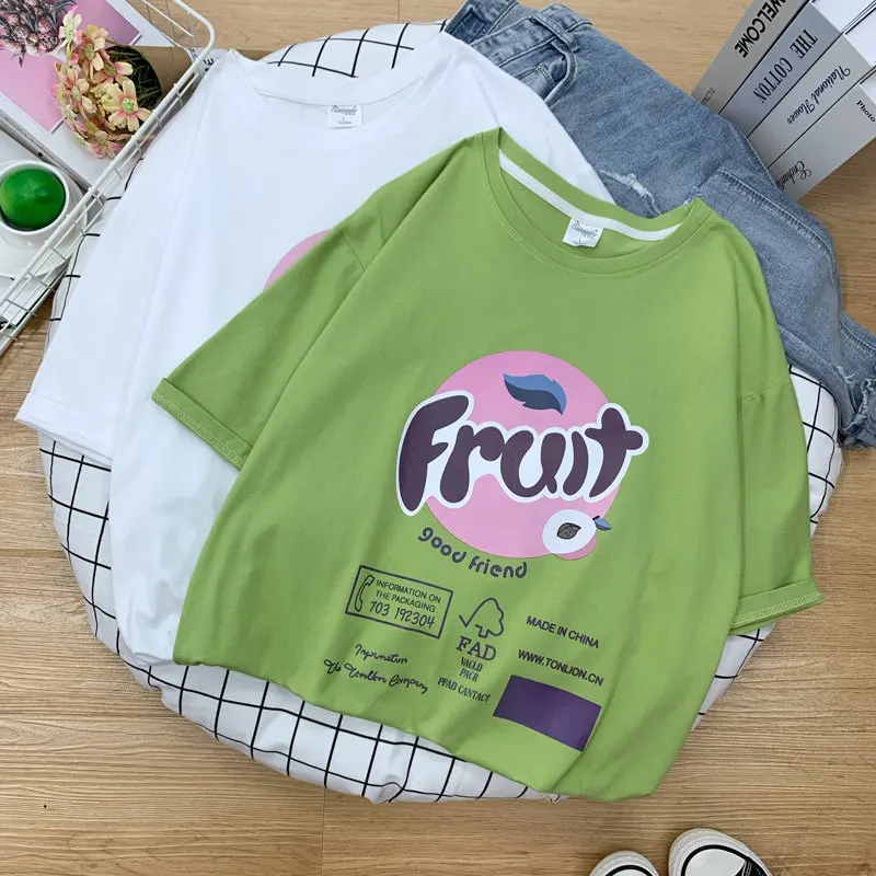 95% cotton Chic Summer New Personality Korean Style Fruit women t-shirts short white Plus Size kawaii harajukuTops Tees TYD26