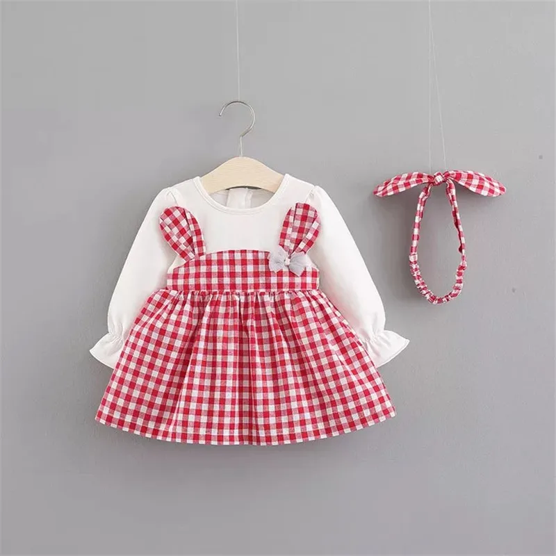 

Baby Girl Dress Cotton Plaid Bow Girls Princess Costume With Cute Baby Headbands Birthday Party Dress