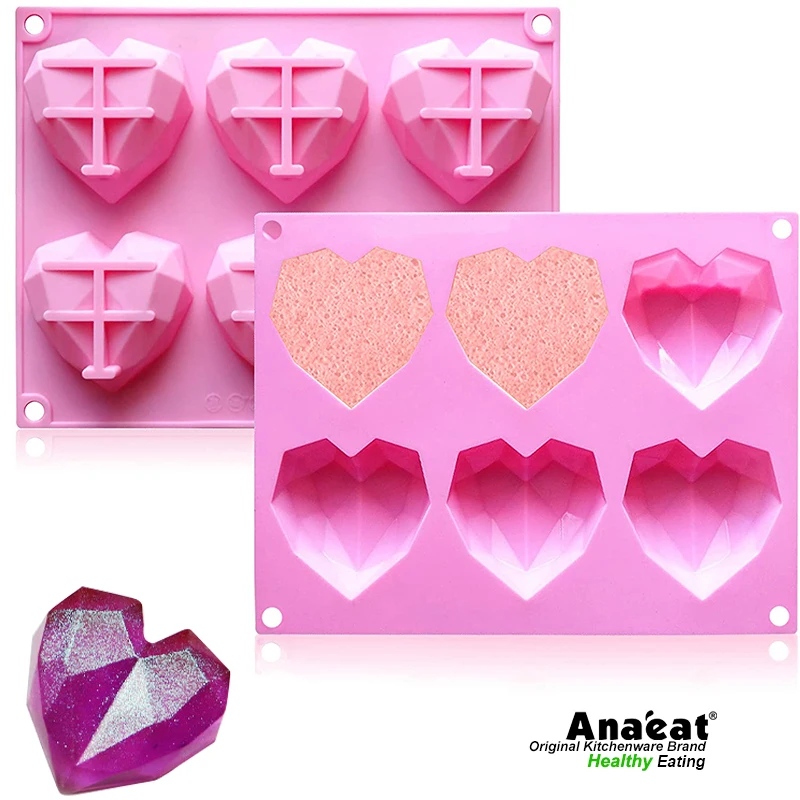 

ANAEAT 1pc Silicone Love Cake Moulds 6 Cavity Diamond Love Heart Fondant Decorating Tools Chocolate Pastry Molds Baking Tools