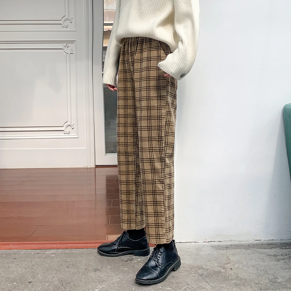 Vintage Plaid Corduroy Pants Women Autumn Winter New Warm Loose Straight Harem Pants High Waist Thicken Cropped Trousers Female