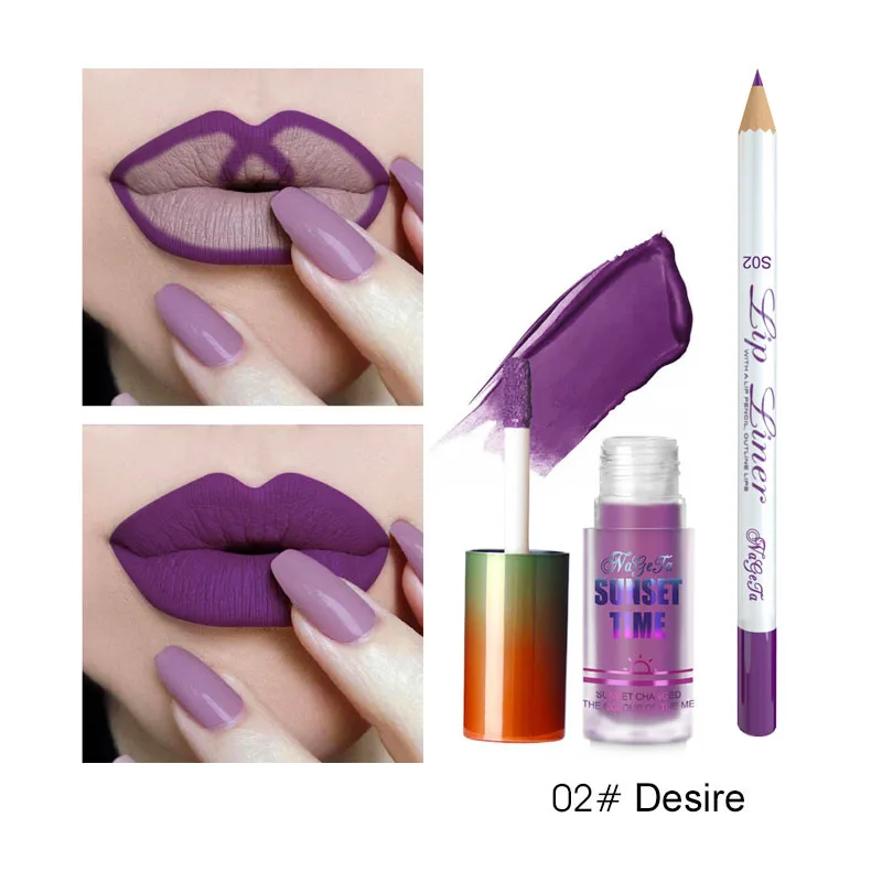 2 Sexy Matte Lipstick Liquid Sets Moisturizer Velvet Lipgloss Lip Liner Kits Waterproof Red Purple Lip Gloss Makeup 2pcs - Цвет: 2