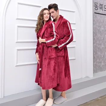 

Elegant Solid Red Lovers Flannel Robe Kimono Gown Soft Warm Full Bathrobe Gown Sleepwear Casual Unisex Nightgown Homewear