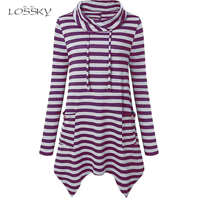 

Lossky Women Casual Dress Striped Asymmetrical Ladies Clothing Long Sleeve Short Dress Plus Size Autumn Drawstring Dress Jumper