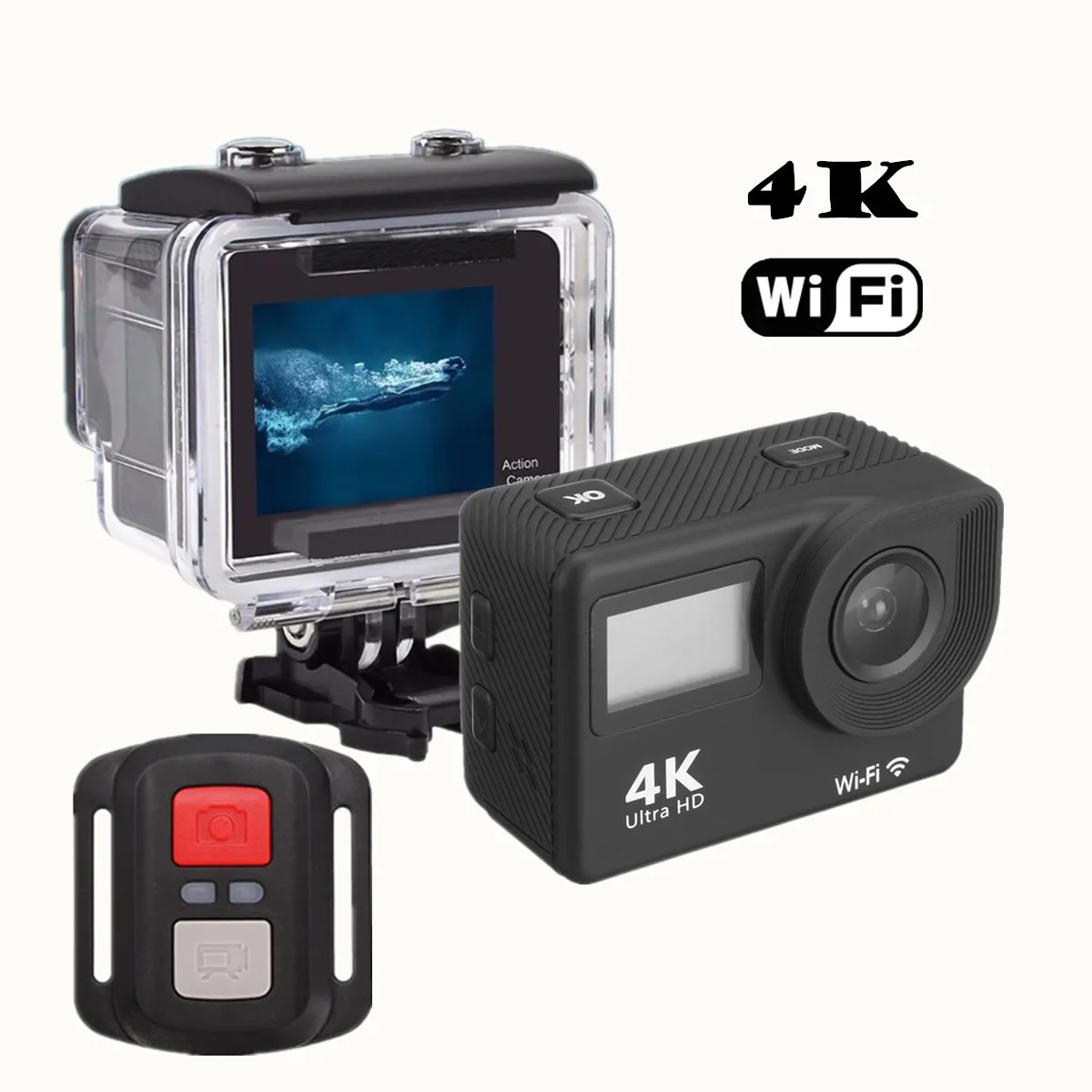 4K Ultra HD Action Camera Touch Double LCD WiFi 20MP 170D 30m Go Waterproof Pro Sport DV Helmet Video Camera employ Allwinner H34K Ultra HD Action Camera Touch Double LCD WiFi 20.0MP 170D 30m Go Waterproof Pro Sport DV Helmet Video Camera With Remote Control