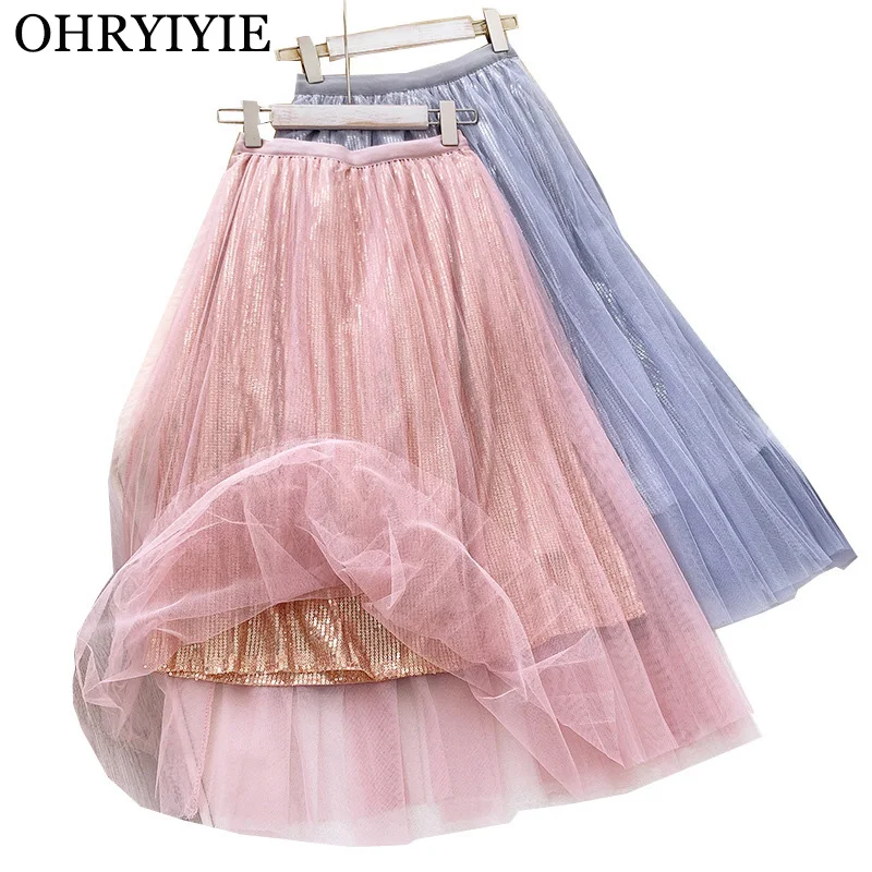 OHRYIYIE осенне-зимние Бархатные юбки с пайетками для женщин новая милая эластичная юбка из тюля с высокой талией Женская Блестящая Яркая юбка