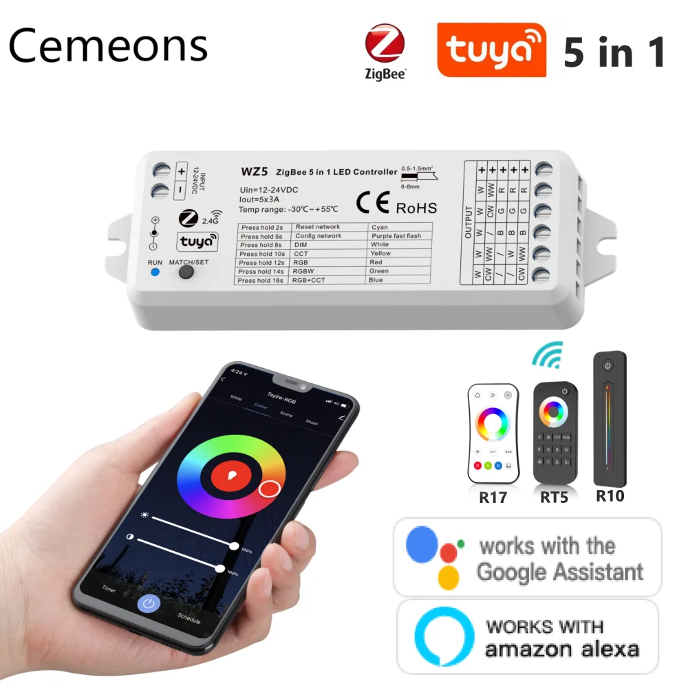 WZ5 TUYA Zigbee Smart Led Controller DC 12V 24V DIM RGB RGBW RGBWW RGBCW RGBCCT Strip 2.4G RF Remote Google Plus Voice Control new replacement remote control for google asus nexus player b 26 0001