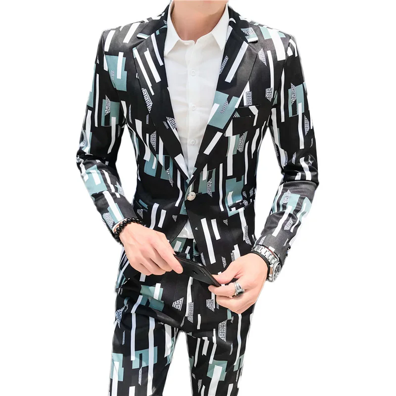 

Suit 2-piece suit men's striped single button suis (blazer + suit pants) men's fashion printed personality slim casual suits