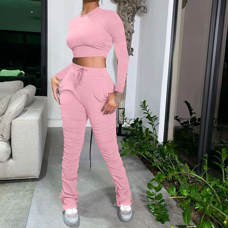 

Trend Solid Women Two Piece Set Tracksuits Long Sleeve Crop Tops Female Pleated Flare Jogger Long Pants Suit Outfit Matching Set