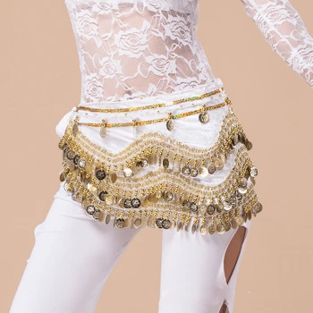

Charming Belly Dance Hip Scarf Gold Hanging Coins Waist Chain Flannelette HipTowel Aggravating Long Performance High-grade Belt