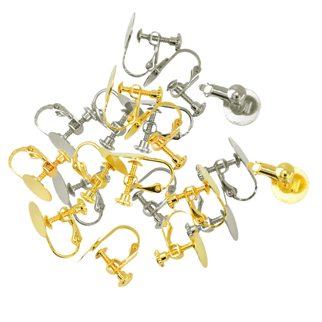 20pcs Gold silver color Tone Blank Earrings Bases with 12mm Flat Glue Pad Clip On Screw Earring Jewelry Findings for Non Pierced Ears