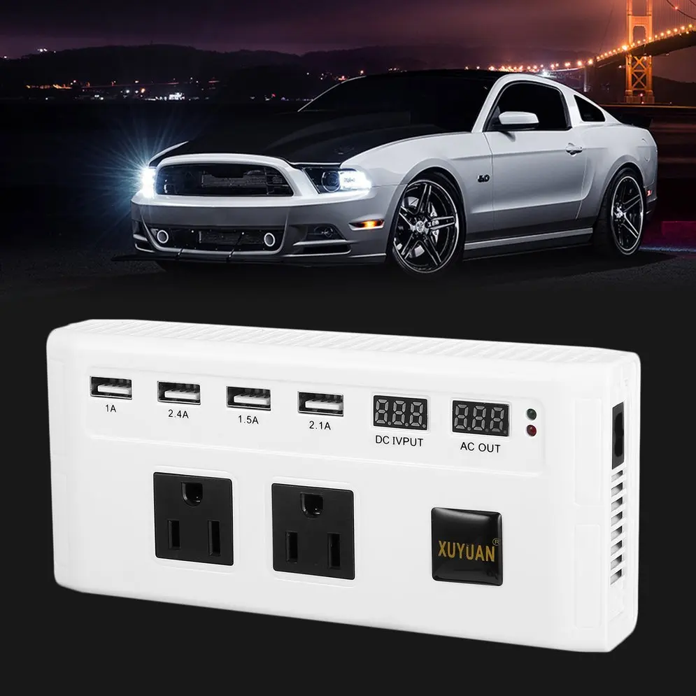 XUYUAN 500W Portable Car Power Inverter DC 12V to AC Converter 4 USB Ports Car Charger Adapter 2 AC Outlet Voltage Display