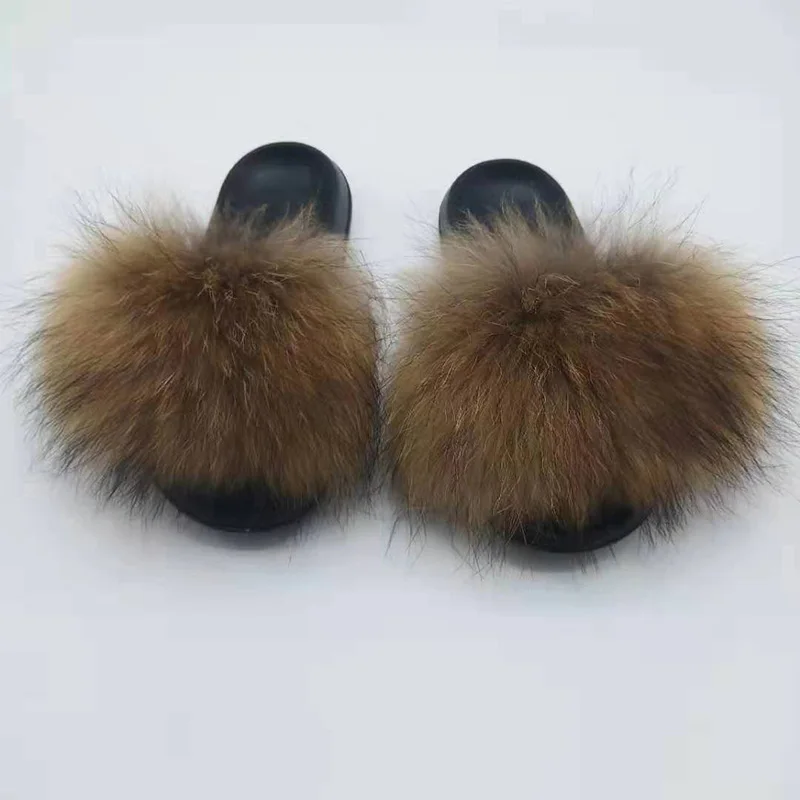 raccoon fur Color Тапочки унисекс с натуральным лисьим мехом; женские сандалии с мехом; женские меховые шлепанцы; женская пушистая домашняя обувь на плоской подошве; женские кроссовки; Лидер продаж - Цвет: raccoon fur Color